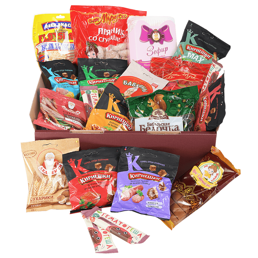 Russian Snack Box - Eine typische Zusammenstellung der beliebtesten Süßigkeiten und Snacks aus Russland